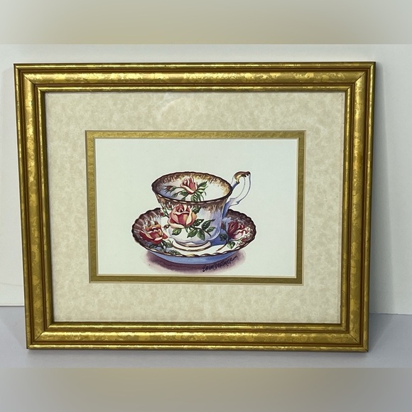Vintage Tea Cup Framed and Matted Wall Hanging Print By Erin Dertner - Picture 1 of 3